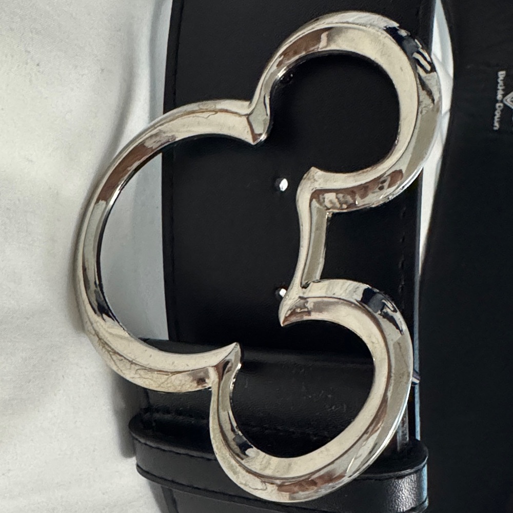 Buckle-Down Black Leather Belt with Silver Mickey-Style Buckle